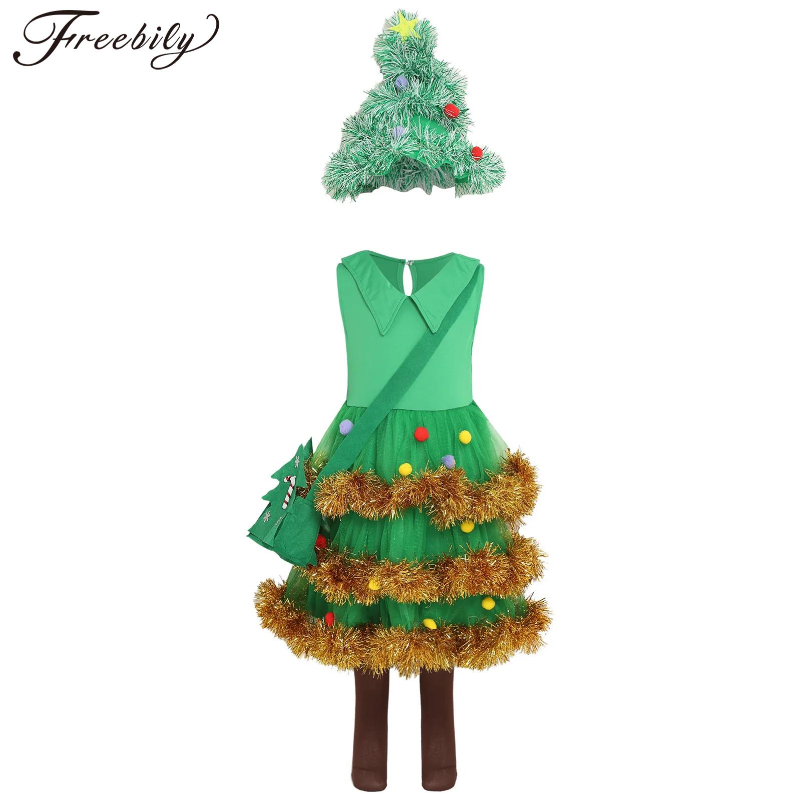 Elf Costume Christmas - ชุดคอสเพลย์ต้นคริสต์มาสสำหรับเด็กผู้หญิง ชุดกระโปรงบัลเลต์ประดับพู่หลากสีสัน พร้อมหมวก กระเป๋า ถุงเท้า ชุดเล่นบทบาทเอลฟ์คริสต์มาส