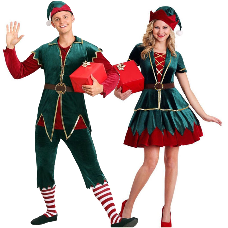 Elf Costume Christmas - ชุดมาสคอตคู่รักงานคาร์นิวัล ชุดคริสต์มาส ชุดผู้ช่วยวันหยุด ชุดเอลฟ์ซานตาคลอส ชุดแฟนซีสำหรับงานปาร์ตี้ ชุดฮาโลวีน